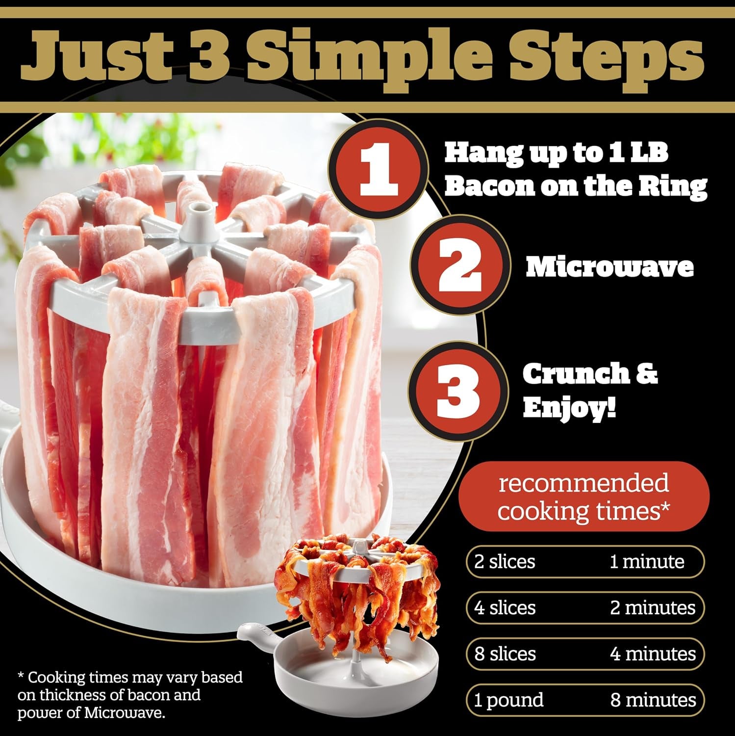 Microwave Bacon Cooker with Grease Draining Tray – Crispy Bacon Maker, Dishwasher Safe, Cooks Up to 1 lb