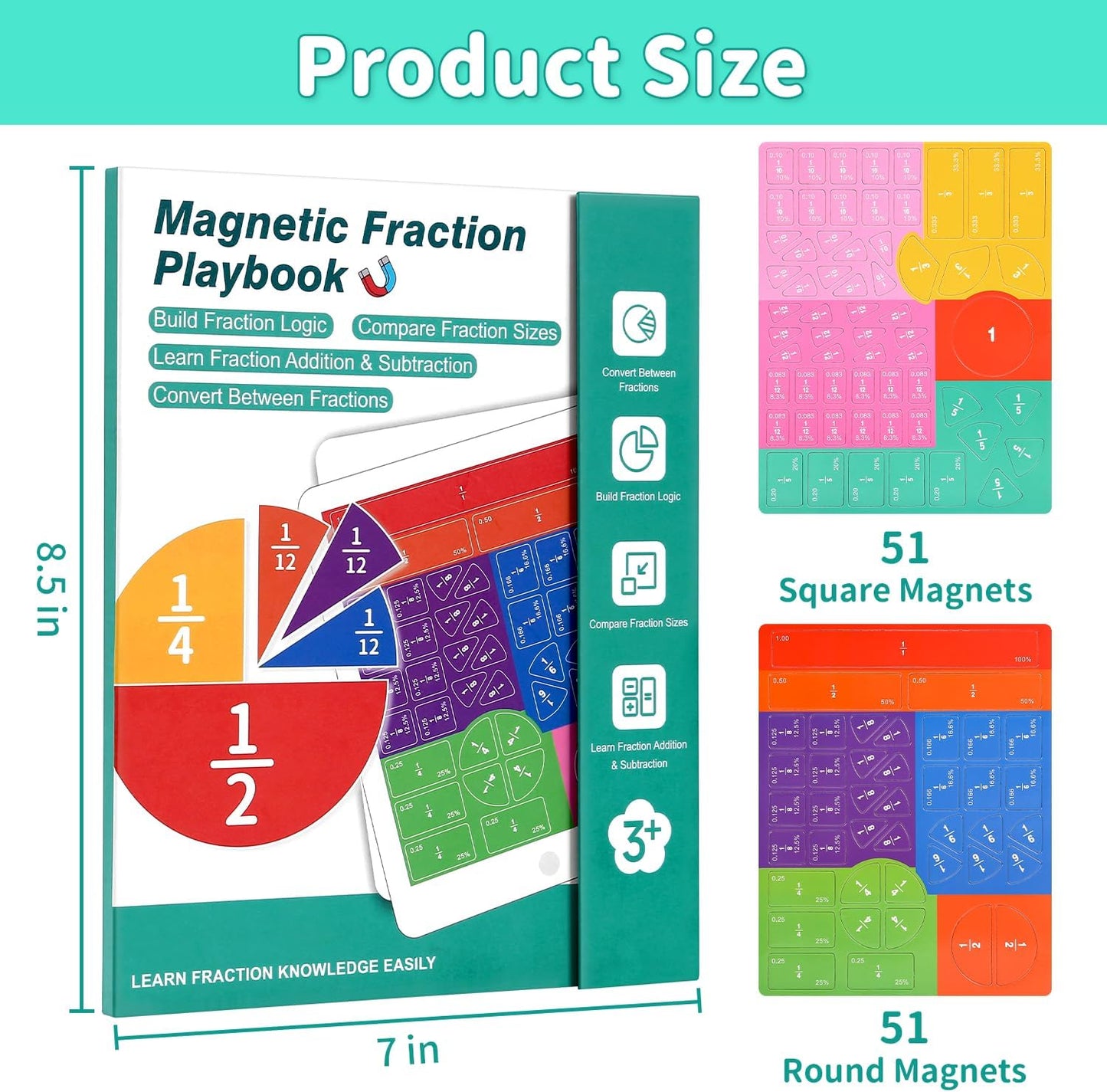 Magnetic Fraction Book & 102-Piece Montessori Fraction Manipulatives Set – Fraction Circles & Bars Math Learning Kit for Kids, Classroom & Homeschool