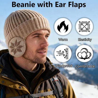 Winter Fleece-Lined Beanie Hat with Ear Flaps – Warm Windproof Knit Skull Cap for Men & Women