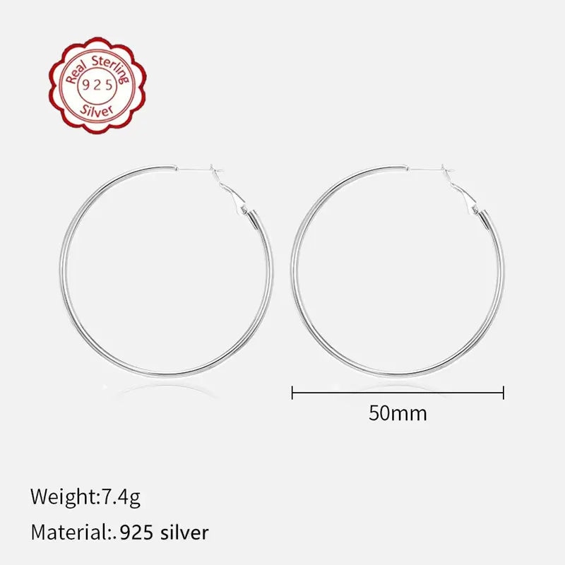 925 Sterling Silver Hoop Earrings – Lightweight Hypoallergenic 50mm Thin Hoops for Women