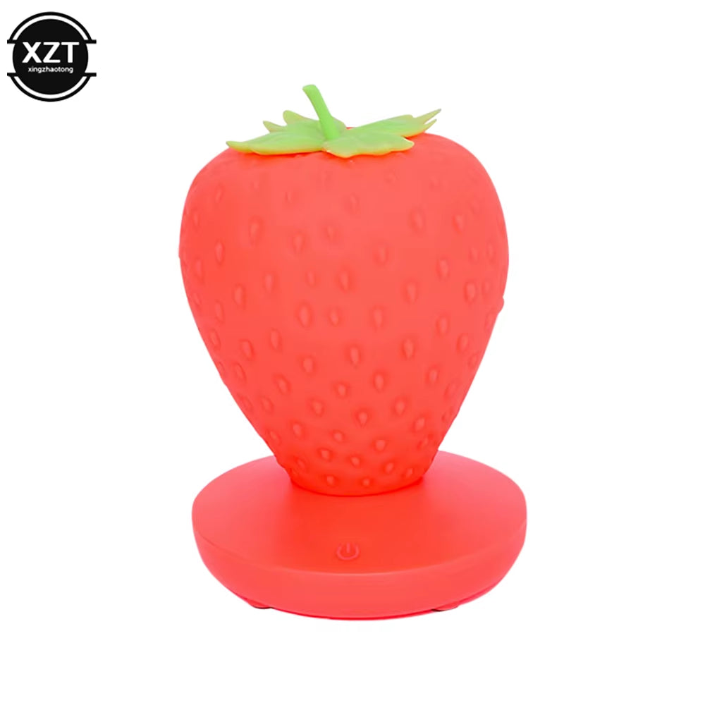 Cute LED Strawberry Night Light – USB Rechargeable Silicone Touch-Control Dimmable Bedside Lamp for Bedroom & Nursery