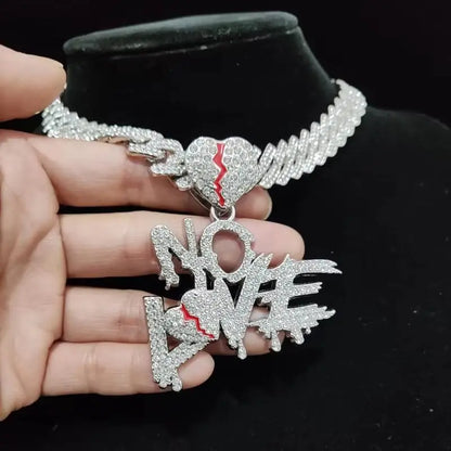 Gold Cuban Chain Necklace with Loveless Pendant – Hip Hop Statement Jewelry with Red Accents for Men & Women