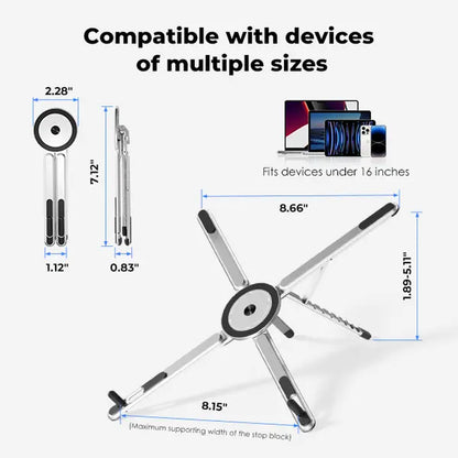 Viozon Foldable Aluminum Laptop Stand with Magnetic Phone Holder – Adjustable Portable Computer Riser for 10–16" Laptops & 4–13" Phones/Tablets, Silver