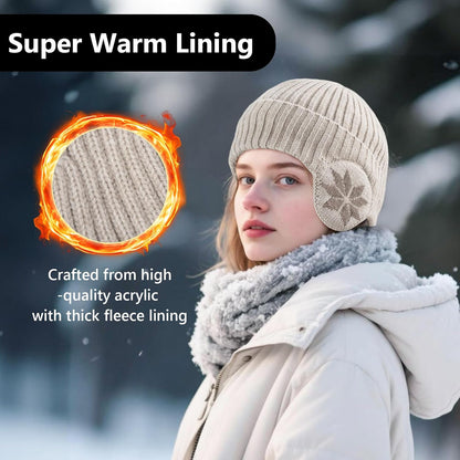 Winter Fleece-Lined Beanie Hat with Ear Flaps – Warm Windproof Knit Skull Cap for Men & Women