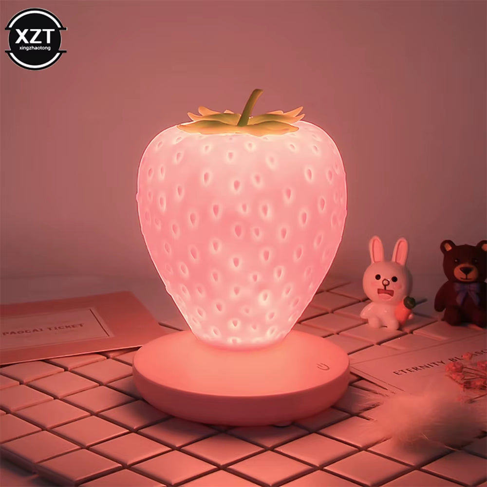 Cute LED Strawberry Night Light – USB Rechargeable Silicone Touch-Control Dimmable Bedside Lamp for Bedroom & Nursery