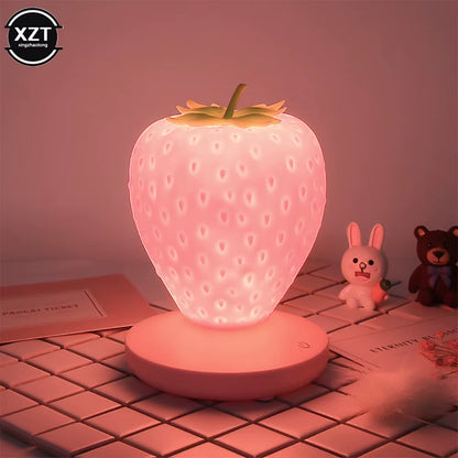 Cute LED Strawberry Night Light – USB Rechargeable Silicone Touch-Control Dimmable Bedside Lamp for Bedroom & Nursery